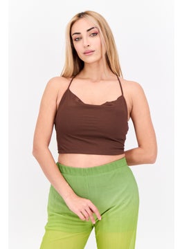 MANGO Women Cowl Neck Sleeveless Solid Tank Top, Brown  - Image 1