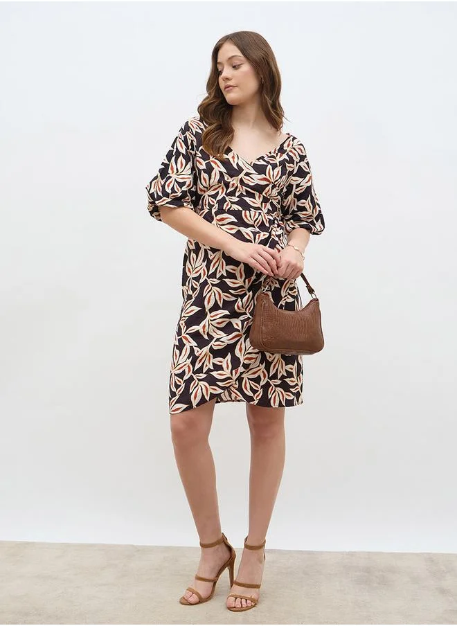 Styli Styli Floral Print Puff Sleeve Sleeves Wrap Knee-Length Dress