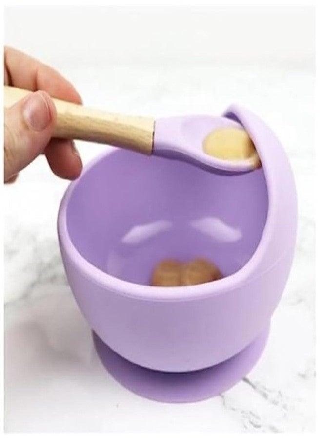 yomith Silicone Baby Food Bowl with Wooden Handle Spoon, Flexible Food-Grade Silicone, Big Super Suction Base, Non-Slip, Kids Training Feeding Tableware Eating Bowl (Purple 1 PCS) - Image 3