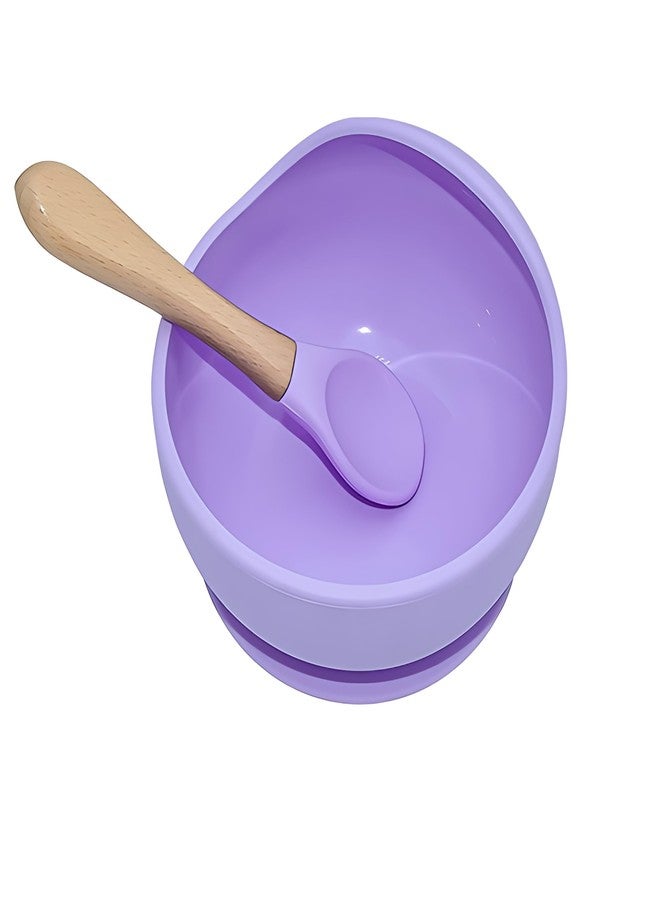 yomith Silicone Baby Food Bowl with Wooden Handle Spoon, Flexible Food-Grade Silicone, Big Super Suction Base, Non-Slip, Kids Training Feeding Tableware Eating Bowl (Purple 1 PCS) - Image 1