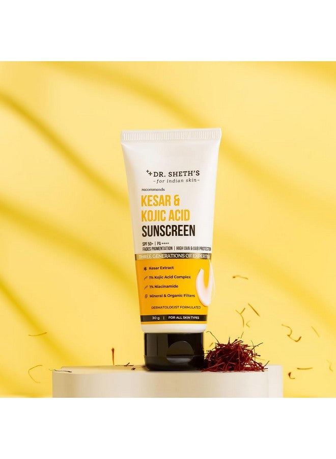 Dr. Sheth's واقي شمسي كيسار وحمض كوجيك | SPF 50+ PA++++ | بشرة خالية من التصبغات | حماية عالية من الأشعة فوق البنفسجية A/B والضوء الأزرق | بدون أثر أبيض وخفيف الوزن | غير لزج | لجميع أنواع البشرة | للرجال والنساء | 30 غ - Image 2