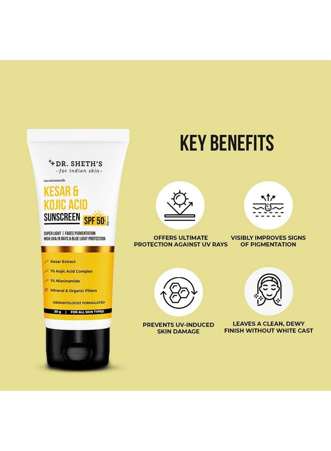 Dr. Sheth's واقي شمسي كيسار وحمض كوجيك | SPF 50+ PA++++ | بشرة خالية من التصبغات | حماية عالية من الأشعة فوق البنفسجية A/B والضوء الأزرق | بدون أثر أبيض وخفيف الوزن | غير لزج | لجميع أنواع البشرة | للرجال والنساء | 30 غ - Image 3