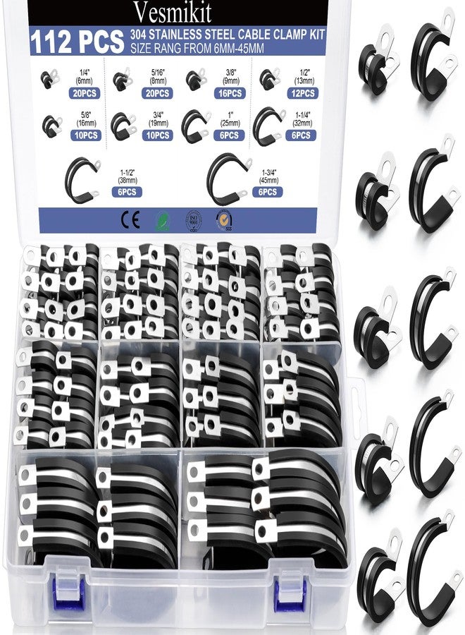 Vesmikit Cable Clamps- 112 PCS Stainless Steel Pipe Clamp Assortment Kit Rubber Cushion Insulated Wire Clamps-10 Sizes 1/4"-1-3/4" Cable Clips for Hose,Tube,Pipe,Automotive Wire,Fuel Line,Brake Line - Image 1