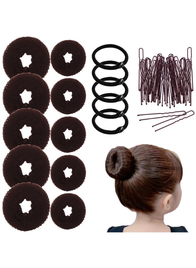 FORESRUM 10 Pcs Hair Bun Maker Donut Bun Maker for Hair5 medium and 5 smallBallet Bun for Women and Kids with Elastic Hair Ties Hair PinsBrown - Image 2