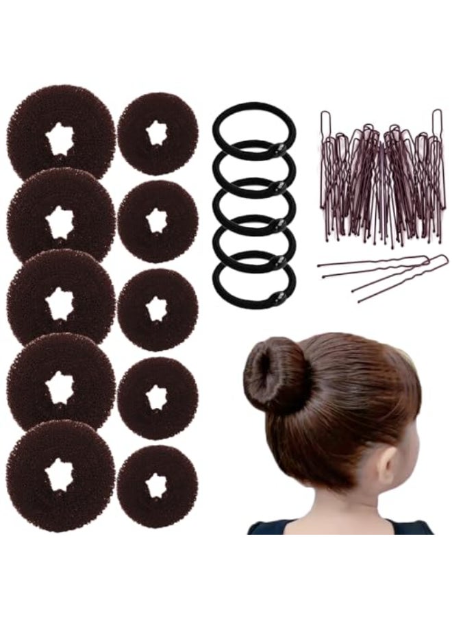FORESRUM 10 Pcs Hair Bun Maker Donut Bun Maker for Hair5 medium and 5 smallBallet Bun for Women and Kids with Elastic Hair Ties Hair PinsBrown - Image 1