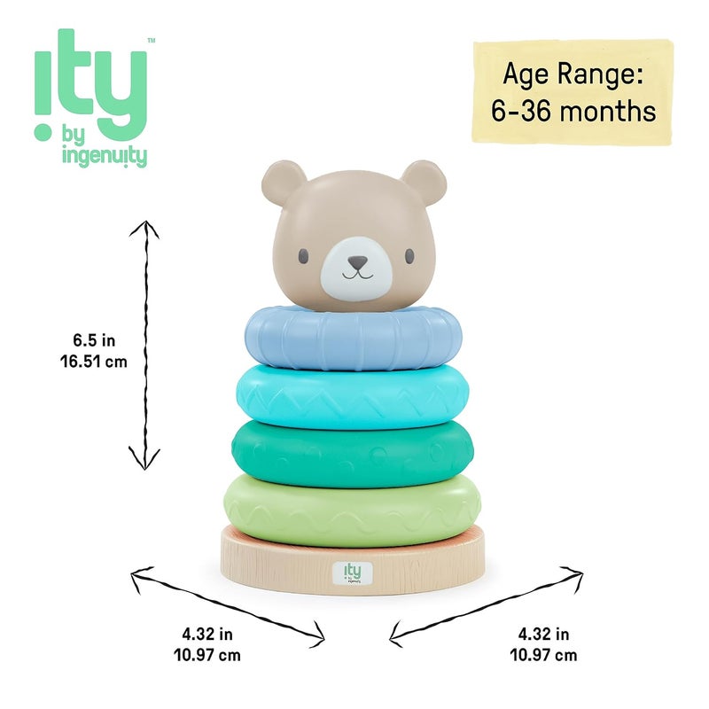 Ingenuity ity by Ingenuity Cutie Stacks 4 BPAFree Rings Faux Wood Stand Bear Topper Unisex for Ages 6 Months and Up  Nate - Image 4