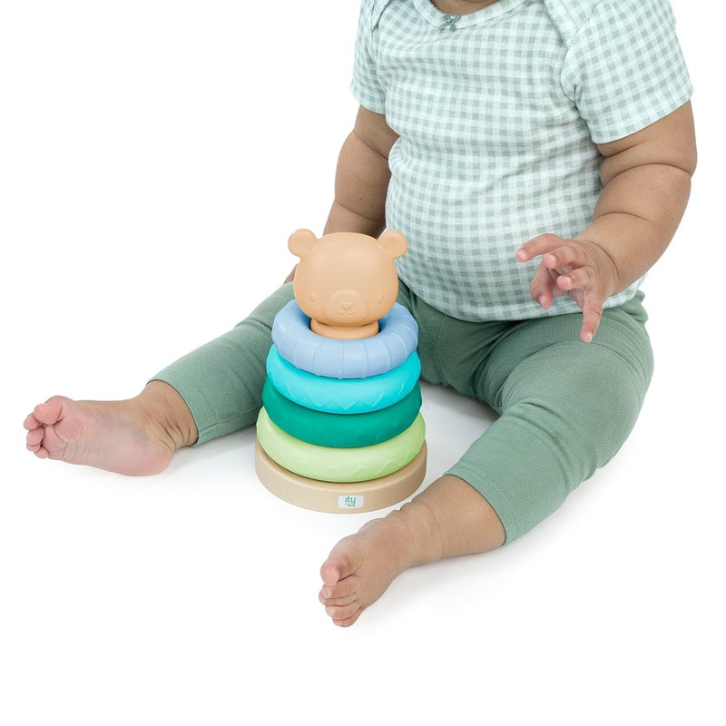 Ingenuity ity by Ingenuity Cutie Stacks 4 BPAFree Rings Faux Wood Stand Bear Topper Unisex for Ages 6 Months and Up  Nate - Image 5
