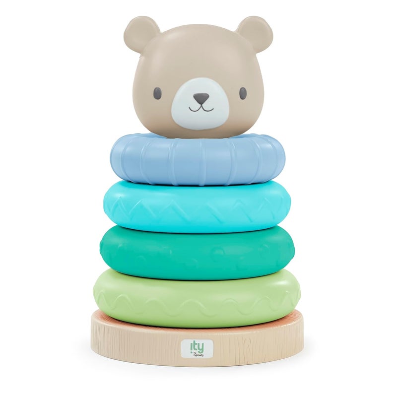 Ingenuity ity by Ingenuity Cutie Stacks 4 BPAFree Rings Faux Wood Stand Bear Topper Unisex for Ages 6 Months and Up  Nate - Image 1
