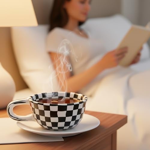 BuleVina Checkered Coffee Mug 5oz 4x2 inch, Creative Irregular Checkerboard Ceramic High-value Retro Afternoon Tea Coffee Cup Set, Novelty Plaid Cup for Office (Black) - Image 2