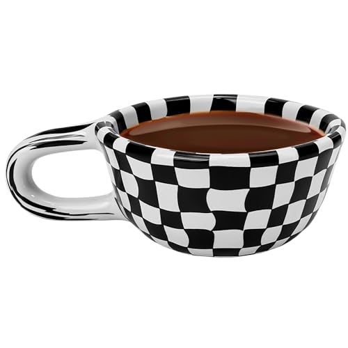 BuleVina Checkered Coffee Mug 5oz 4x2 inch, Creative Irregular Checkerboard Ceramic High-value Retro Afternoon Tea Coffee Cup Set, Novelty Plaid Cup for Office (Black) - Image 1