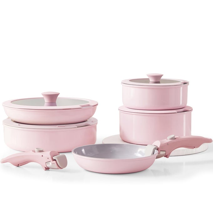 PINK NON STICK POT AND PAN SETS WITH REMOVABLE HANDLE CERAMIC COOKWARE SET DETACHABLE HANDLE INDUCTION KITCHEN CAMPING STACKABLE POTS PANS DISHWASHEROVEN SAFE PTFEPFOAPFOS FREE