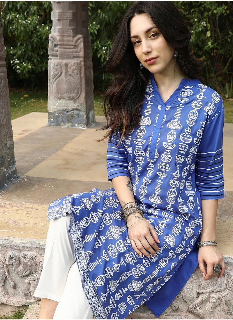 QISSA Women's Cobalt Blue Block Print Kurta With Chalk White Trousers Set