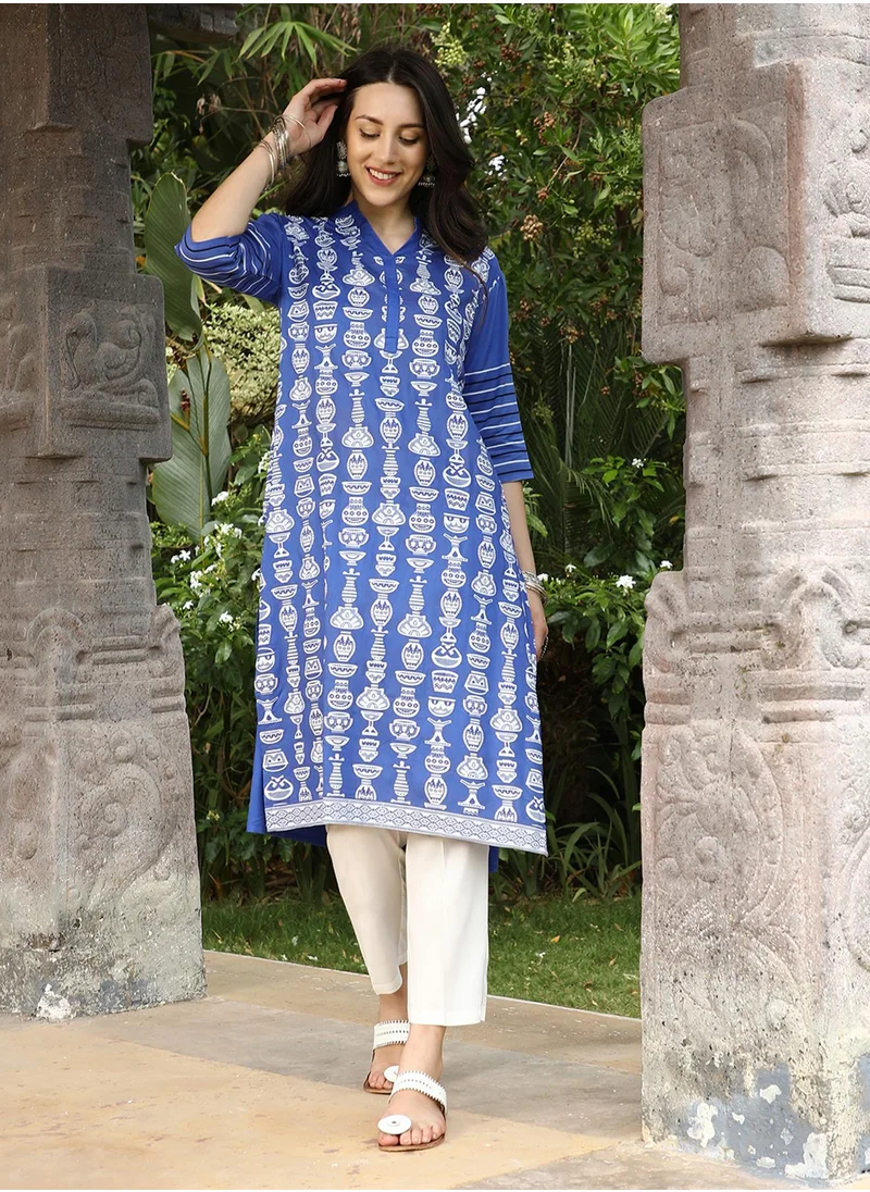  قصة Women's Cobalt Blue Block Print Kurta With Chalk White Trousers Set