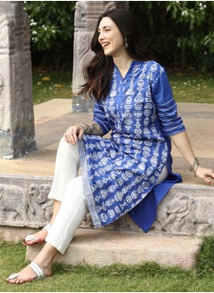  قصة Women's Cobalt Blue Block Print Kurta With Chalk White Trousers Set  - Image 5
