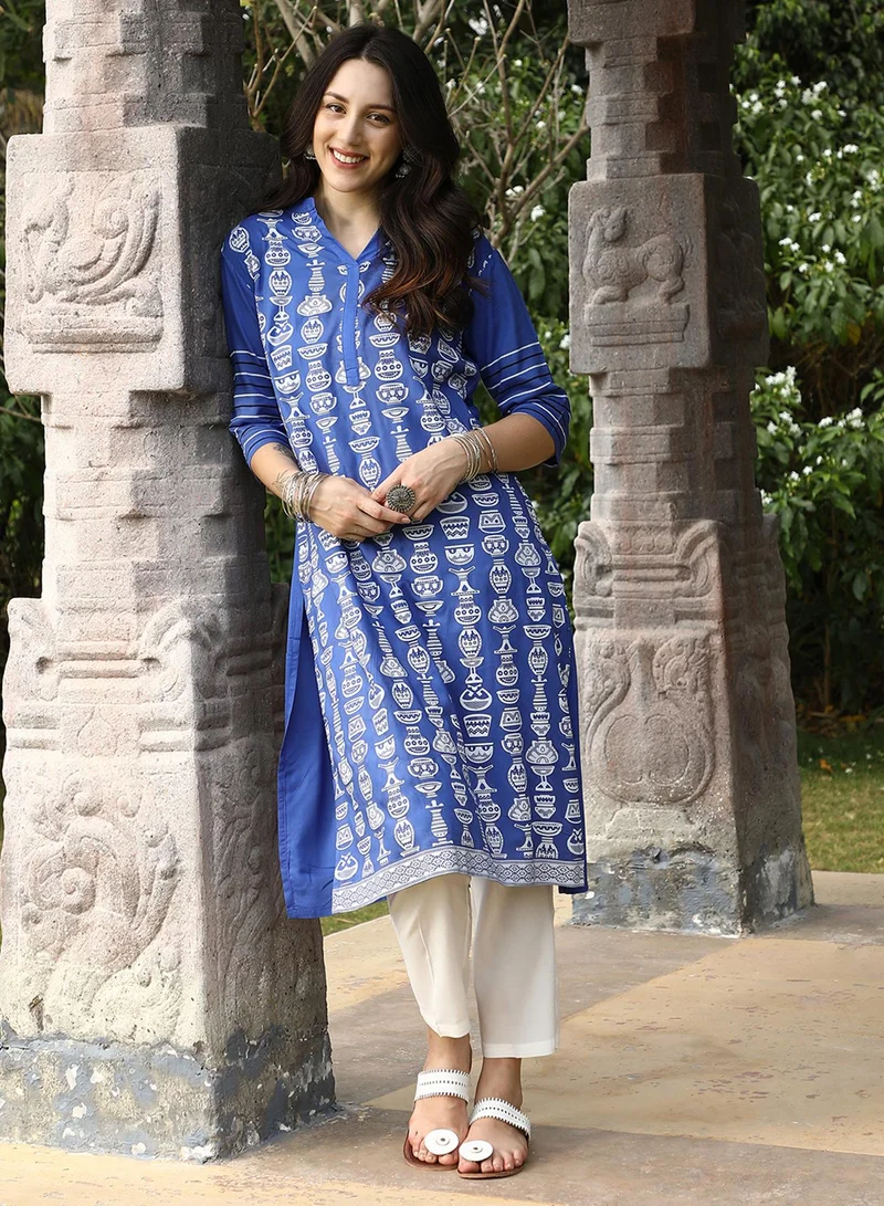 QISSA Women's Cobalt Blue Block Print Kurta With Chalk White Trousers Set