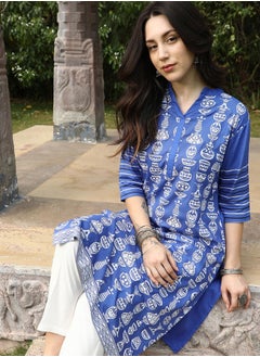  قصة Women's Cobalt Blue Block Print Kurta With Chalk White Trousers Set  - Image 1