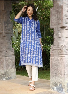  قصة Women's Cobalt Blue Block Print Kurta With Chalk White Trousers Set  - Image 2
