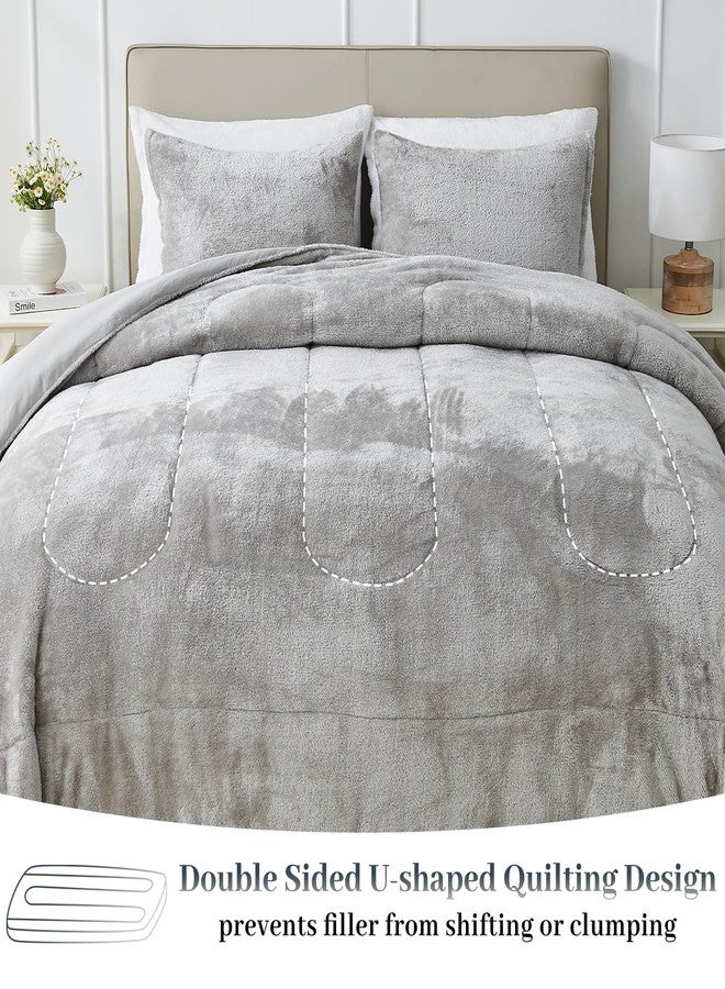 YIYEA Faux Fur Comforter Set Queen Size with Fitted Sheet, Luxury Ultra Soft Fuzzy Comforter, Fluffy Plush Velvet Bedding Comforter Sets for Fall Winter, Cozy Warmth, No Shedding, 4PC, Grey - Image 4