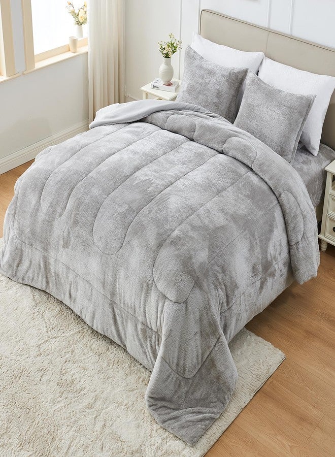 YIYEA Faux Fur Comforter Set Queen Size with Fitted Sheet, Luxury Ultra Soft Fuzzy Comforter, Fluffy Plush Velvet Bedding Comforter Sets for Fall Winter, Cozy Warmth, No Shedding, 4PC, Grey - Image 1