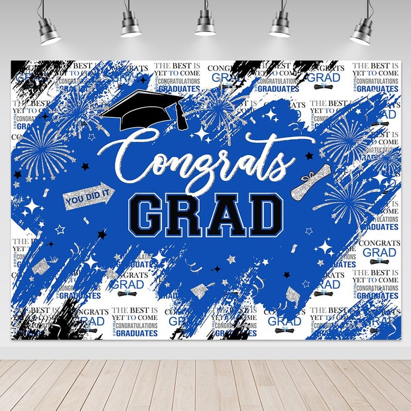 Mocsicka Graduation Backdrop Congrats Grad Blue and Sliver Graduate Party Decorations Background Class of 2023 Photography Backdrops (Blue, 7x5ft) - Image 1