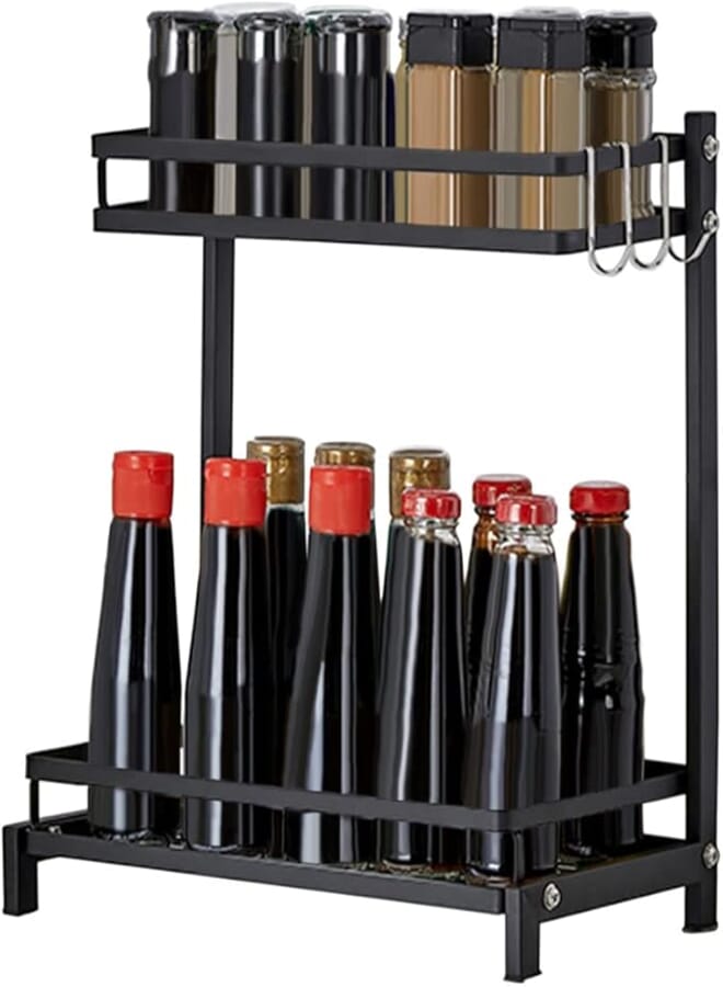 Redwestmelon Stainless Steel Kitchen Storage Shelf Multifunctional Spice Rack Countertop Free-Standing Seasoning Rack 2 Tier Organizer Holder with 3 Hooks (Black)