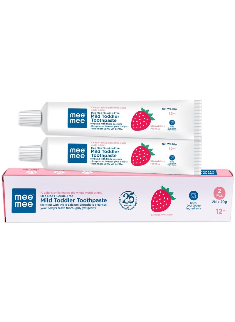 mee mee - Mee Mee Fluoride-Free Baby Toothpaste for Kids and toddlers Fortified with Triple Calcium Phosphate Cavity Protection Oral Care Best for Baby 1-5 years 70 gram (Strawberry Pack of 2) - Image 1