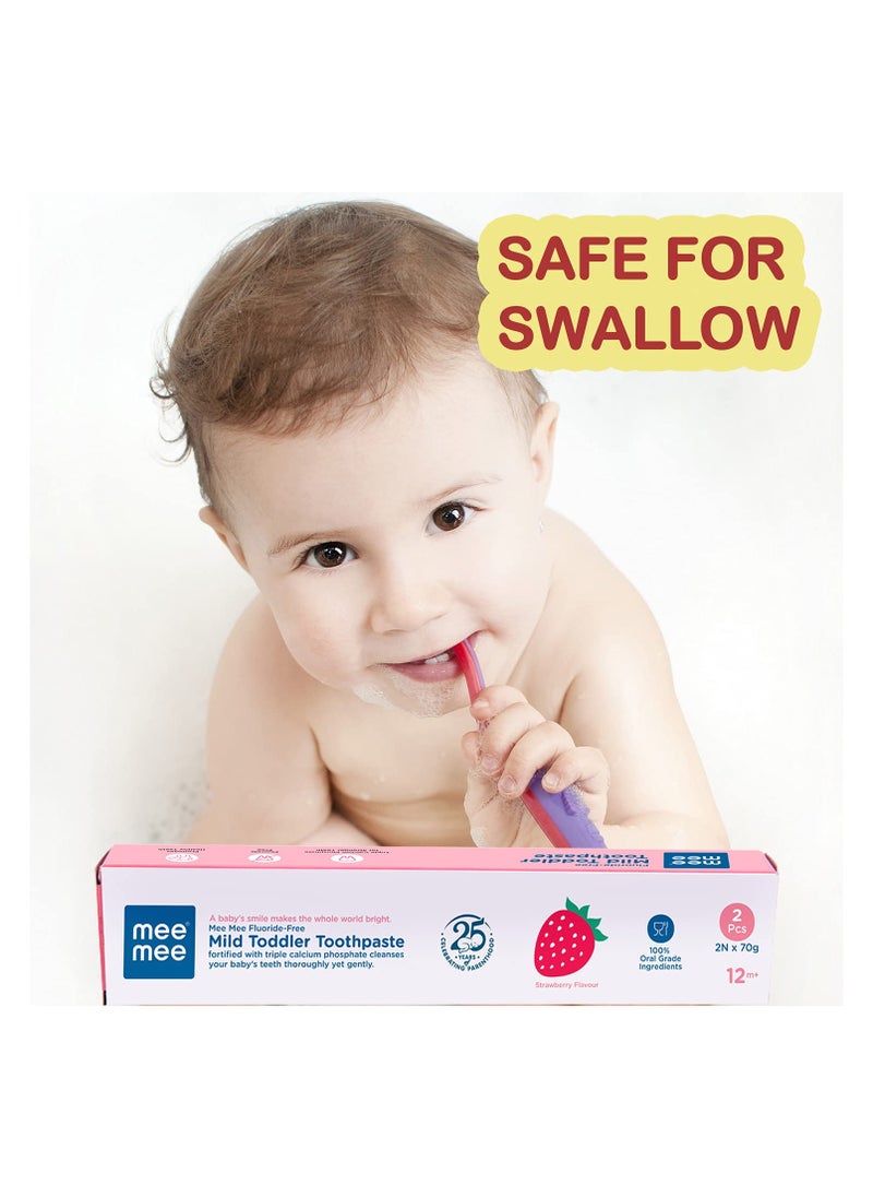 mee mee - Mee Mee Fluoride-Free Baby Toothpaste for Kids and toddlers Fortified with Triple Calcium Phosphate Cavity Protection Oral Care Best for Baby 1-5 years 70 gram (Strawberry Pack of 2) - Image 1