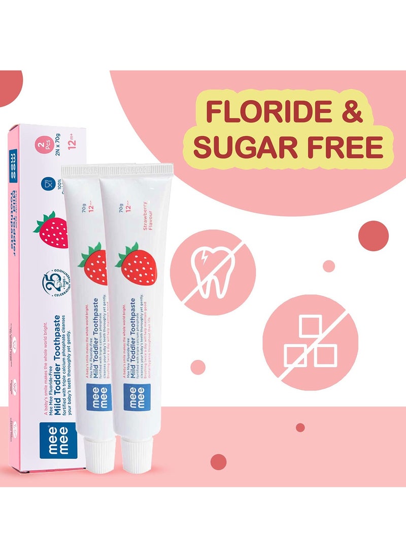 mee mee - Mee Mee Fluoride-Free Baby Toothpaste for Kids and toddlers Fortified with Triple Calcium Phosphate Cavity Protection Oral Care Best for Baby 1-5 years 70 gram (Strawberry Pack of 2) - Image 1