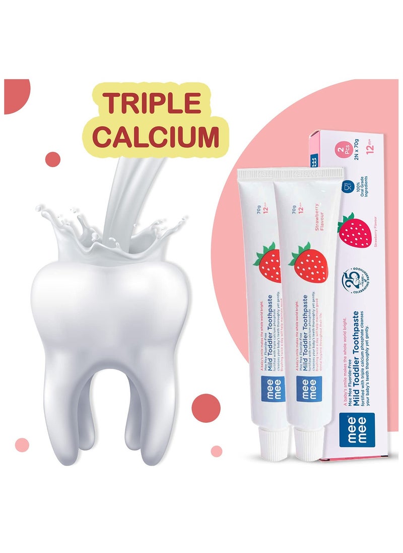 mee mee - Mee Mee Fluoride-Free Baby Toothpaste for Kids and toddlers Fortified with Triple Calcium Phosphate Cavity Protection Oral Care Best for Baby 1-5 years 70 gram (Strawberry Pack of 2) - Image 1