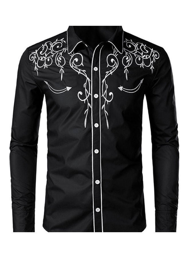 NIBEMINENT Embroidered Slim Fit Casual Shirt Black/White 