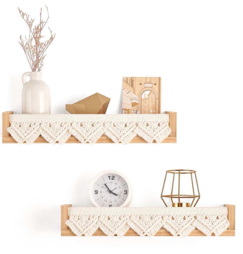 Mkono Macrame Floating Shelves Boho Wall Decor Set of 2 Natural Wood Hanging Storage Shelf for Bedroom Bathroom Living Room Nursery Dorm Room Display Shelving for Hanging Plants Photos