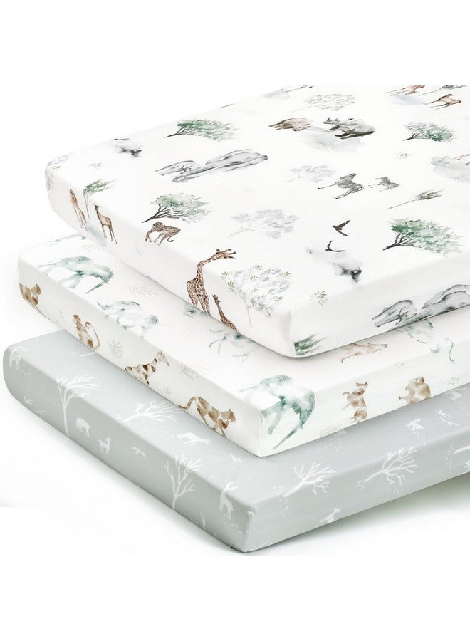 GRSSDER طقم شراشف قماش جيرسي ناعم للغاية وقابل للتمدد لحقيبة اللعب 3 قطع، شراشف سرير محمولة/صغيرة للفتيات والفتيان، تناسب عالمي لحقيبة اللعب بأمان وراحة، نمط حيوانات السافانا الأفريقية الأنيق - Image 1