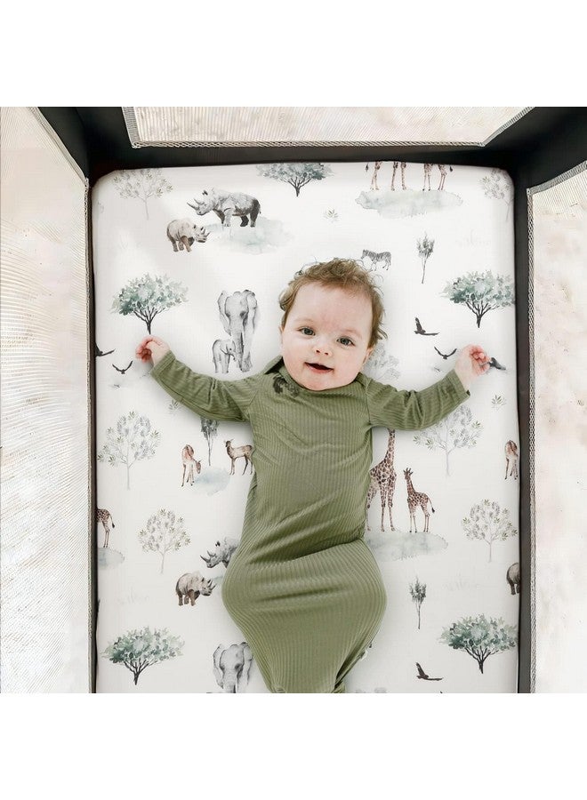 GRSSDER طقم شراشف قماش جيرسي ناعم للغاية وقابل للتمدد لحقيبة اللعب 3 قطع، شراشف سرير محمولة/صغيرة للفتيات والفتيان، تناسب عالمي لحقيبة اللعب بأمان وراحة، نمط حيوانات السافانا الأفريقية الأنيق - Image 2