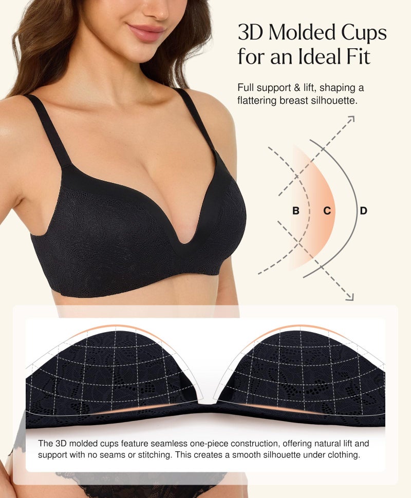 Popilush Wireless Push Up Bras for Women No Underwire Deep V Lace Bralettes with Support and Lift Comfortable Bra 3D Molded Black - Image 4