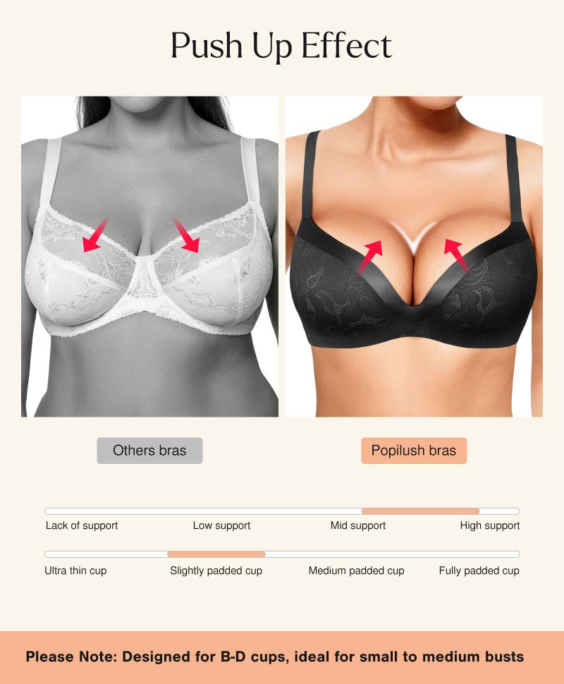 Popilush Wireless Push Up Bras for Women No Underwire Deep V Lace Bralettes with Support and Lift Comfortable Bra 3D Molded Black - Image 2
