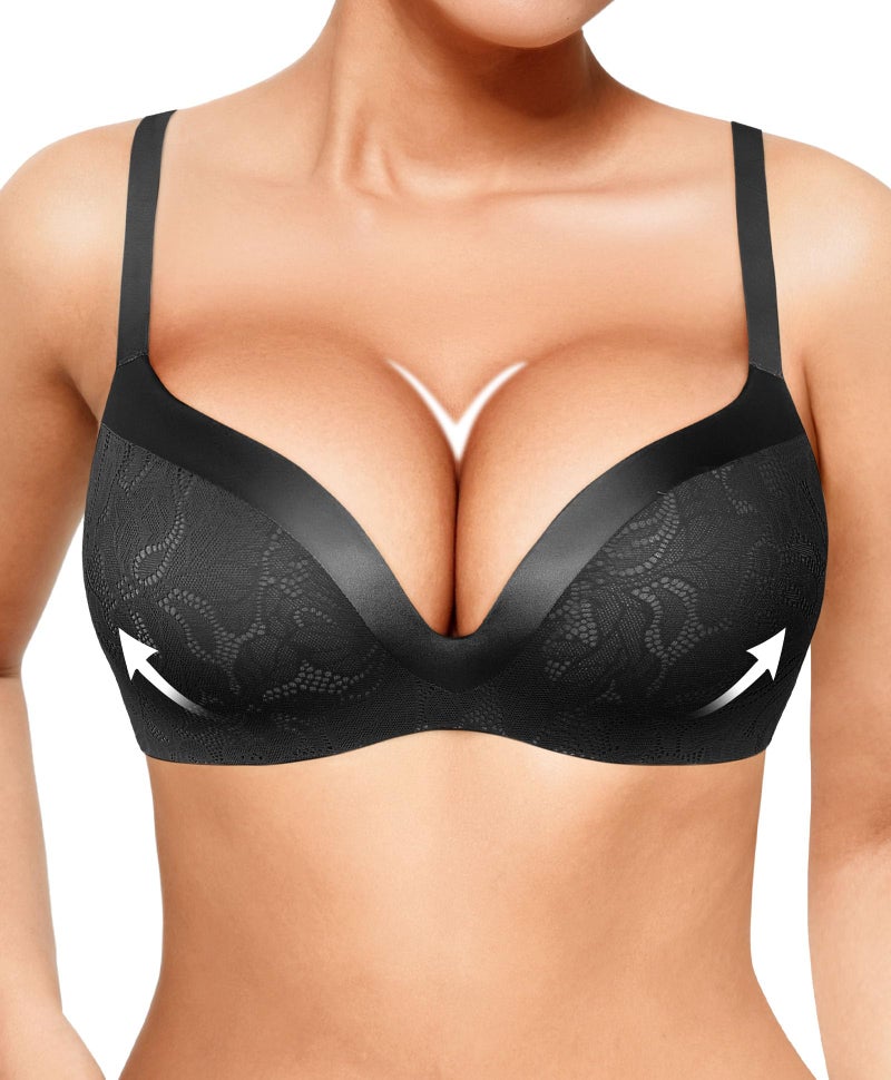 Popilush Wireless Push Up Bras for Women No Underwire Deep V Lace Bralettes with Support and Lift Comfortable Bra 3D Molded Black - Image 1