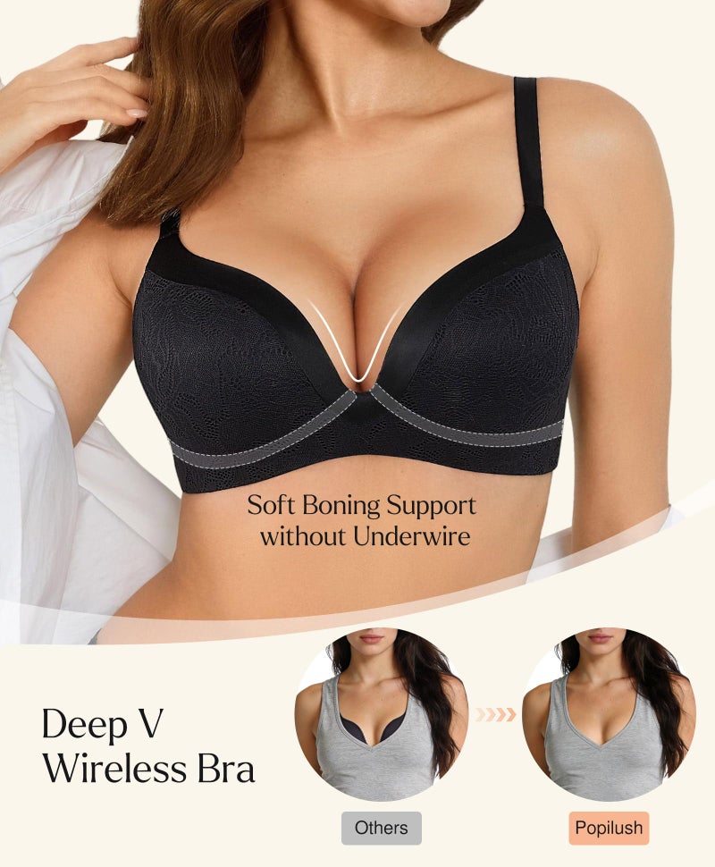 Popilush Wireless Push Up Bras for Women No Underwire Deep V Lace Bralettes with Support and Lift Comfortable Bra 3D Molded Black - Image 3