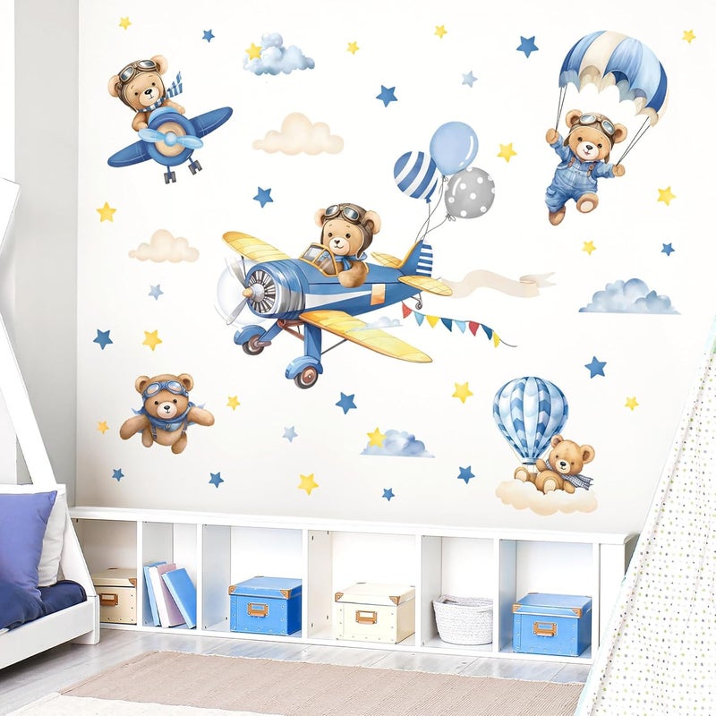 decalmile Airplane with Animals Wall Stickers Hot Air Balloon Bear Clouds Wall Decals Baby Nursery Kids Bedroom Living Room Wall Decor - Image 3