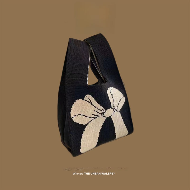 2024 Trendy Knitted Bucket Handbag Bow [black rice]] 