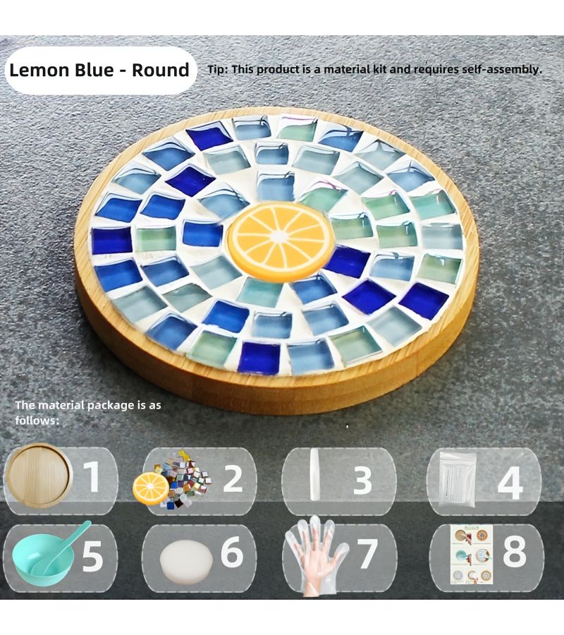 Mosaic Coasters And Heat Resistant Mat Material Kit Lemon Yellow Round Craft Set For Halloween Activities School Club Events Corporate Team Building Family Gatherings - Image 4
