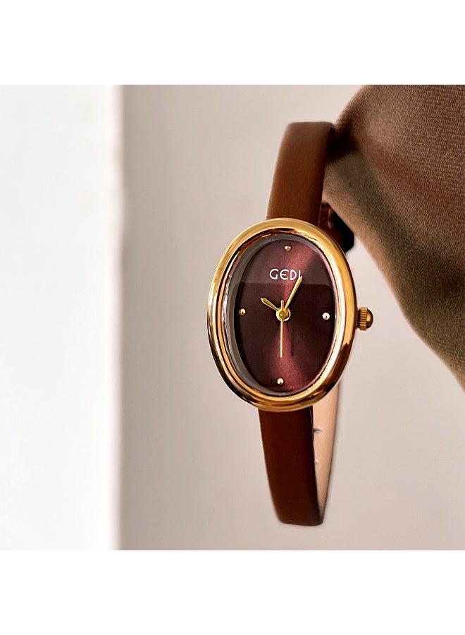 GEDI Retro Oval Wine Red Dial Women's Watch, Brown Leather Strap Light Luxury Niche Quartz Wristwatch