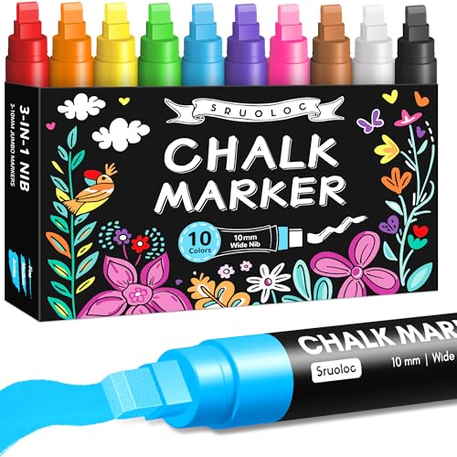 Window Chalk Markers for Glass Washable 10 Colors Jumbo Liquid Chalk Marker with 10mm 3 in 1 Nib Thick Wide Tips Big Chalkboard Markers Car Paint Pen for Auto Bistro Mirror Poster Blackboards