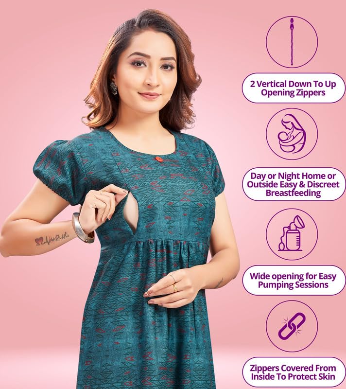 RITIJYA Feeding Kurtis for Women with Zip in Cotton| Straight Maternity Pregnancy Dress for Nursing Mothers | Stylish & Comfortable | Maternity Wear Feeding Dress Tops (9238_42,Mystical Green) - Image 2