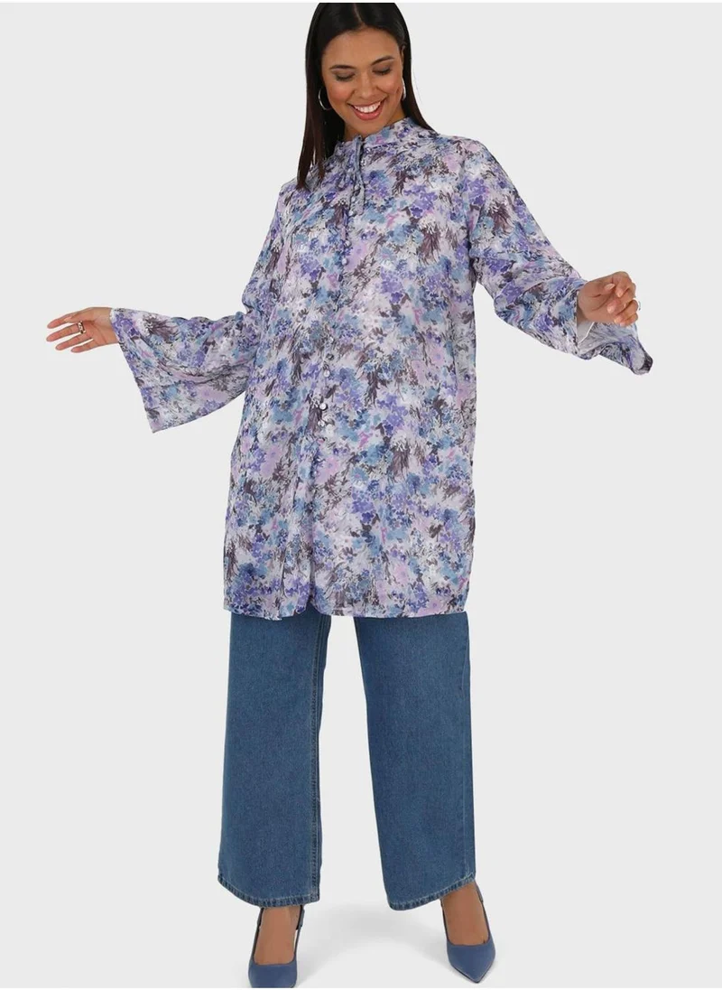 Alia by modanisa Floral Print Button Down Tunic