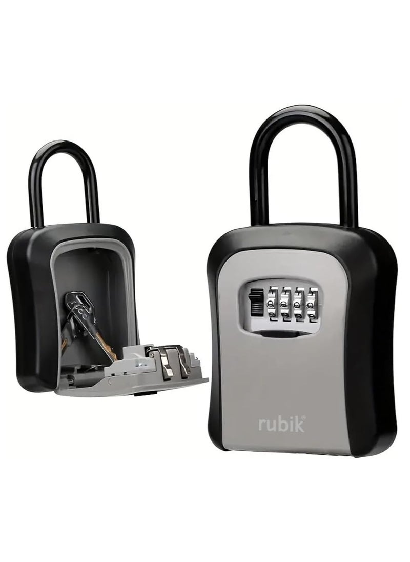 Rubik Padlock Key Storage Safe Box with 4 Digits Combination Lock & Removable Shackle for Home Office Shop Warehouse Garage Door Handle Hang - Black/Grey  - Image 1