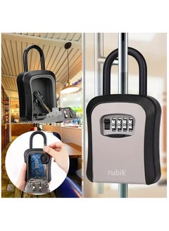 Rubik Padlock Key Storage Safe Box with 4 Digits Combination Lock & Removable Shackle for Home Office Shop Warehouse Garage Door Handle Hang - Black/Grey  - Image 3