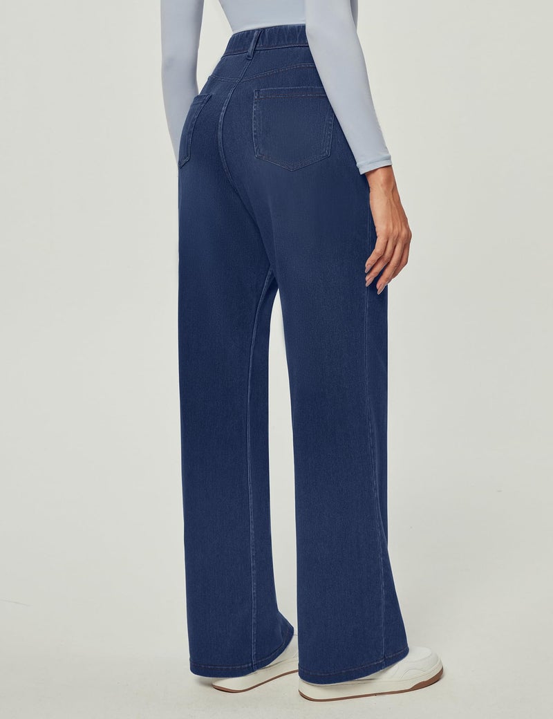 IUGA Wide Leg Jeans Woman Stretchy Sweatpant Jeans Women Pull On Baggy Jean High Waisted Trendy Straight Casual Denim Pants Classic Blue - Image 2