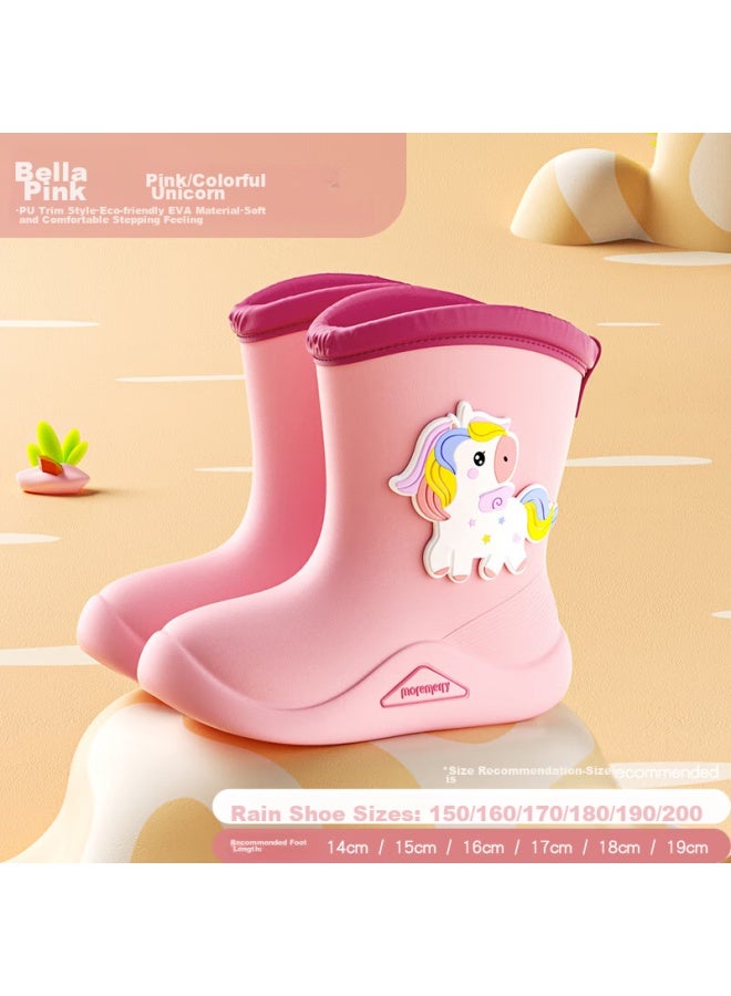Moremerry Children's Rain Boots For Boys And Girls, Waterproof 3d Baby Non-slip Wear-resistant Cartoon Rain Boots, Pink Unicorn, Size 15 - Image 1