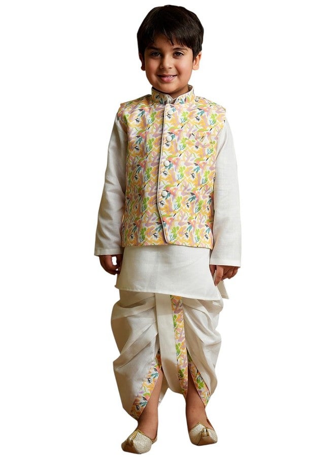 AJ DEZINES Kids Cotton Full Sleeve Printed Yellow Dhoti Kurta Set for Boys - Ethnic wear | Traditional & Festival Wear|Waistcoat for boys - Regular Fit (1952-YELLOW-5) - Image 1