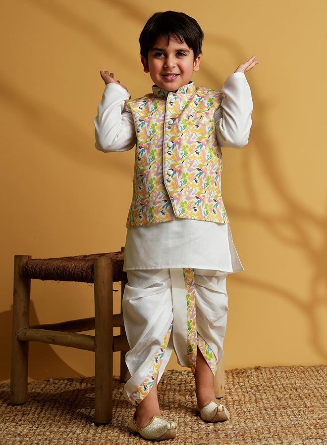 AJ DEZINES Kids Cotton Full Sleeve Printed Yellow Dhoti Kurta Set for Boys - Ethnic wear | Traditional & Festival Wear|Waistcoat for boys - Regular Fit (1952-YELLOW-5) - Image 2